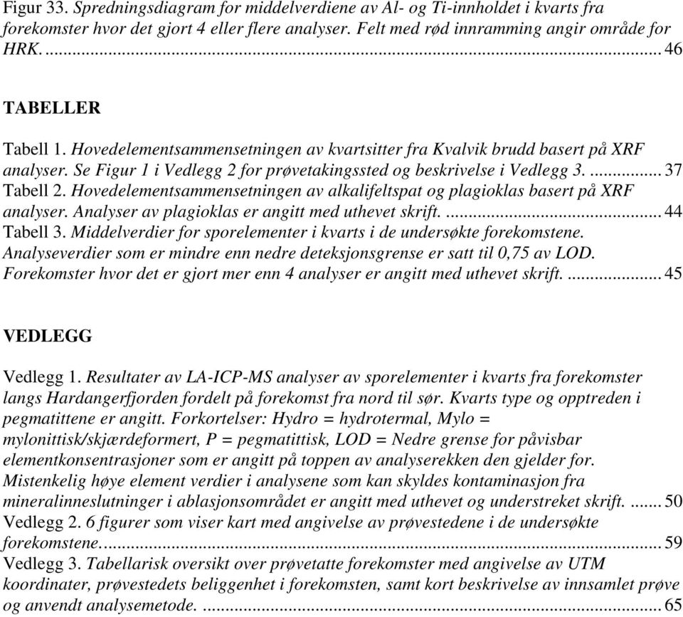 Hovedelementsammensetningen av alkalifeltspat og plagioklas basert på XRF analyser. Analyser av plagioklas er angitt med uthevet skrift.... 44 Tabell 3.