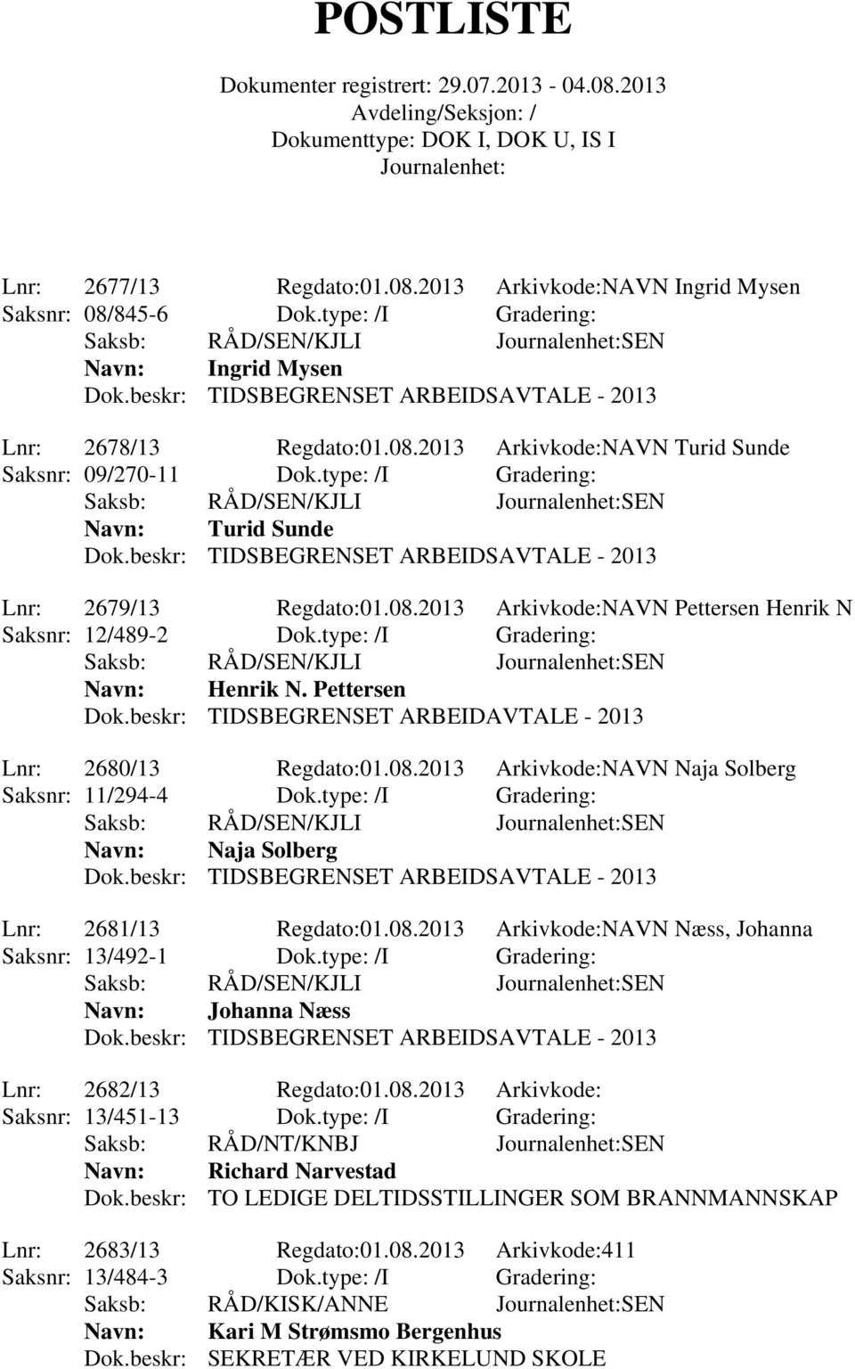 beskr: TIDSBEGRENSET ARBEIDAVTALE - 2013 Lnr: 2680/13 Regdato:01.08.2013 Arkivkode:NAVN Naja Solberg Saksnr: 11/294-4 Dok.type: /I Gradering: Navn: Naja Solberg Lnr: 2681/13 Regdato:01.08.2013 Arkivkode:NAVN Næss, Johanna Saksnr: 13/492-1 Dok.