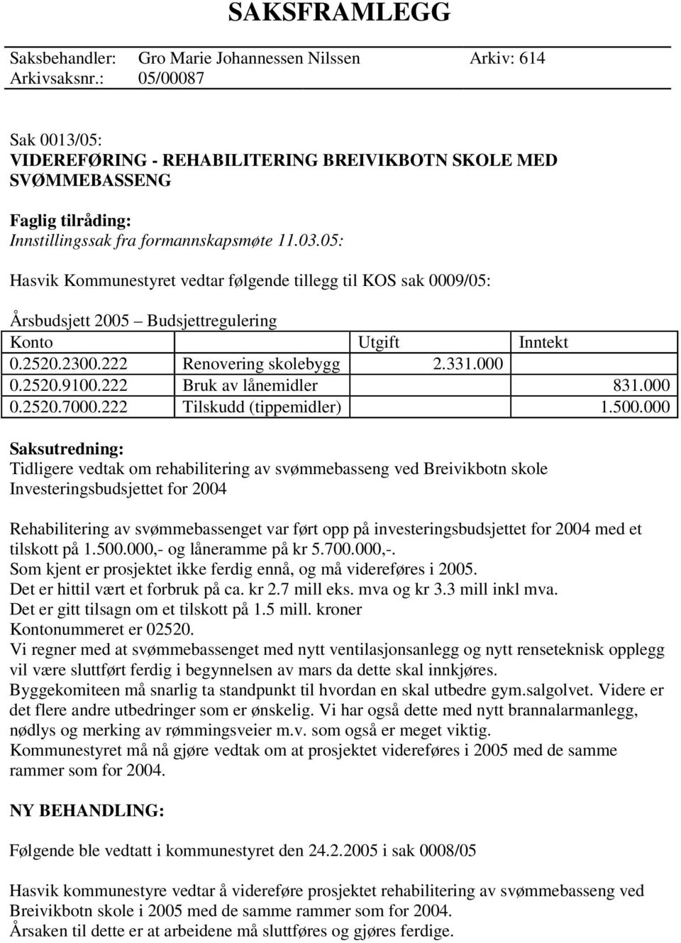 05: Hasvik Kommunestyret vedtar følgende tillegg til KOS sak 0009/05: Årsbudsjett 2005 Budsjettregulering Konto Utgift Inntekt 0.2520.2300.222 Renovering skolebygg 2.331.000 0.2520.9100.