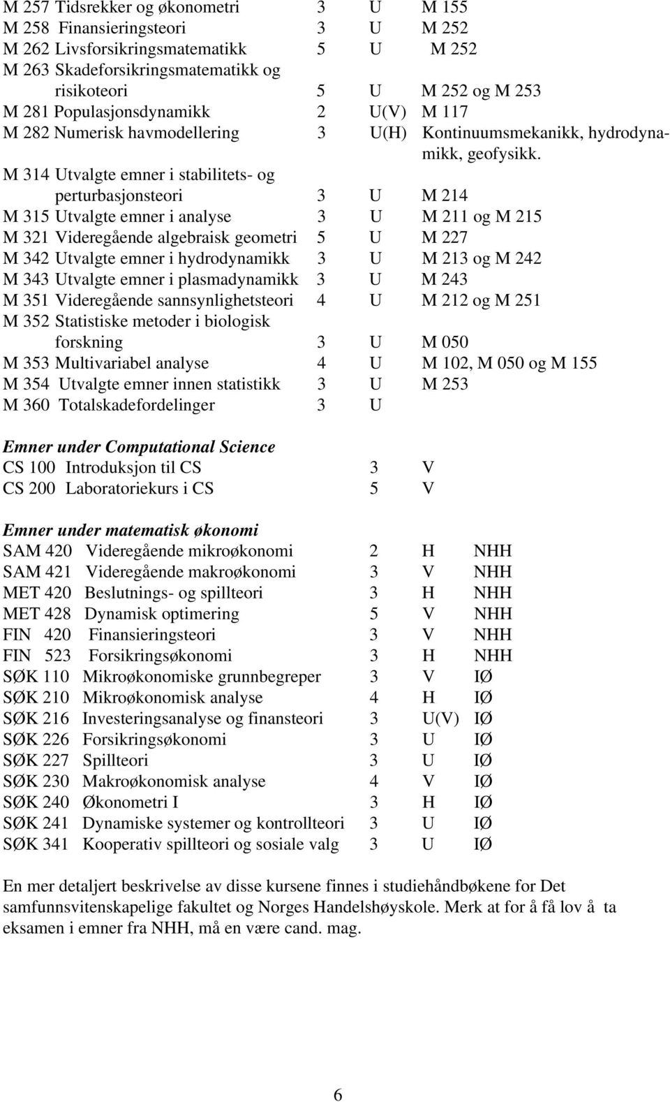 M 1 Utvalgte emner i stabilitets- og perturbasjonsteori U M 1 M 1 Utvalgte emner i analyse U M 11 og M 1 M 1 Videregående algebraisk geometri U M 7 M Utvalgte emner i hydrodynamikk U M 1 og M M