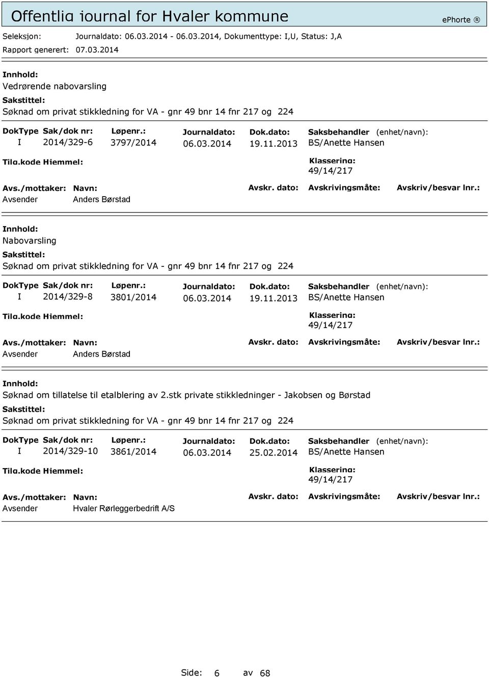 19.11.2013 BS/Anette Hansen 49/14/217 Avsender Anders Børstad Søknad om tillatelse til etalblering av 2.