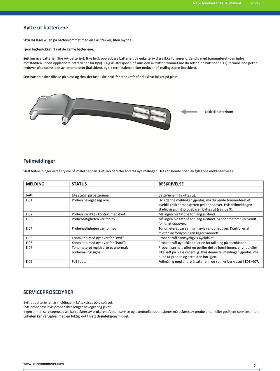 Følg illustrasjonen på innsiden av batterirommet når du setter inn batteriene: (+)-terminalene peker nedover på displaysiden av tonometeret (baksiden), og (-)-terminalene peker nedover på