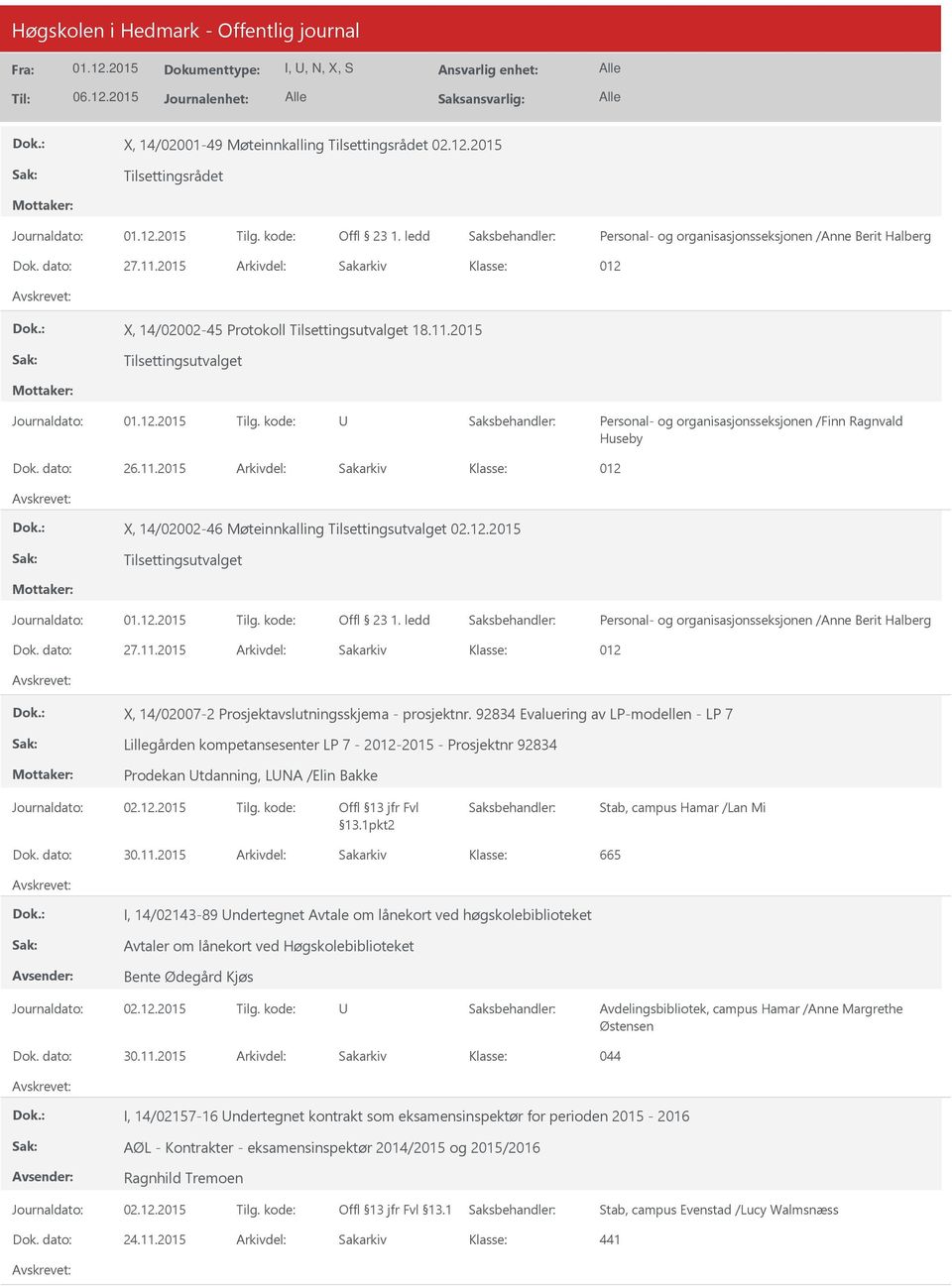 12.2015 Tilsettingsutvalget Offl 23 1. ledd Personal- og organisasjonsseksjonen /Anne Berit Halberg Dok. dato: 27.11.2015 Arkivdel: Sakarkiv 012 X, 14/02007-2 Prosjektavslutningsskjema - prosjektnr.