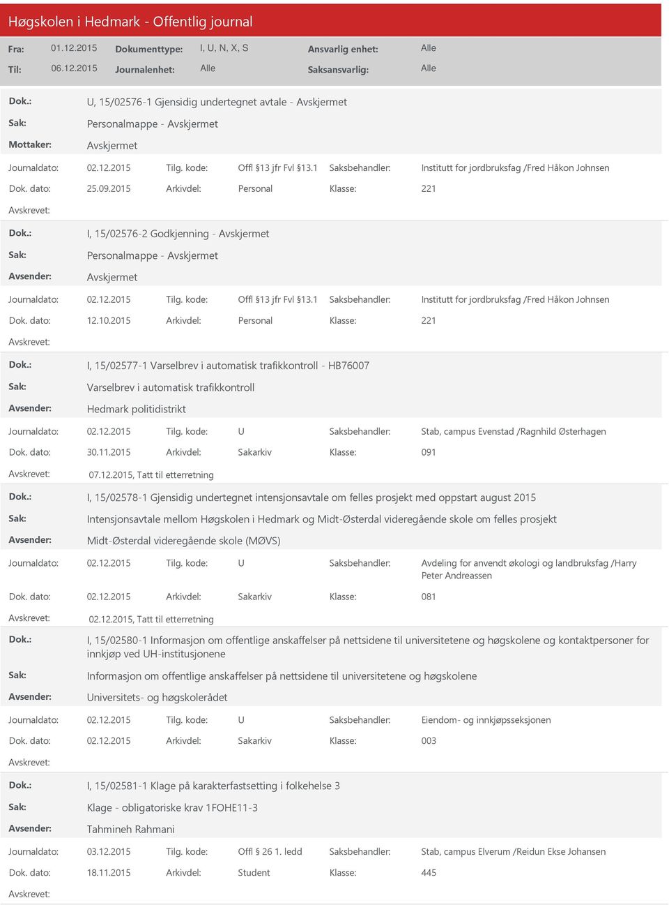 2015 Arkivdel: Personal I, 15/02577-1 Varselbrev i automatisk trafikkontroll - HB76007 Varselbrev i automatisk trafikkontroll Hedmark politidistrikt Stab, campus Evenstad /Ragnhild Østerhagen Dok.