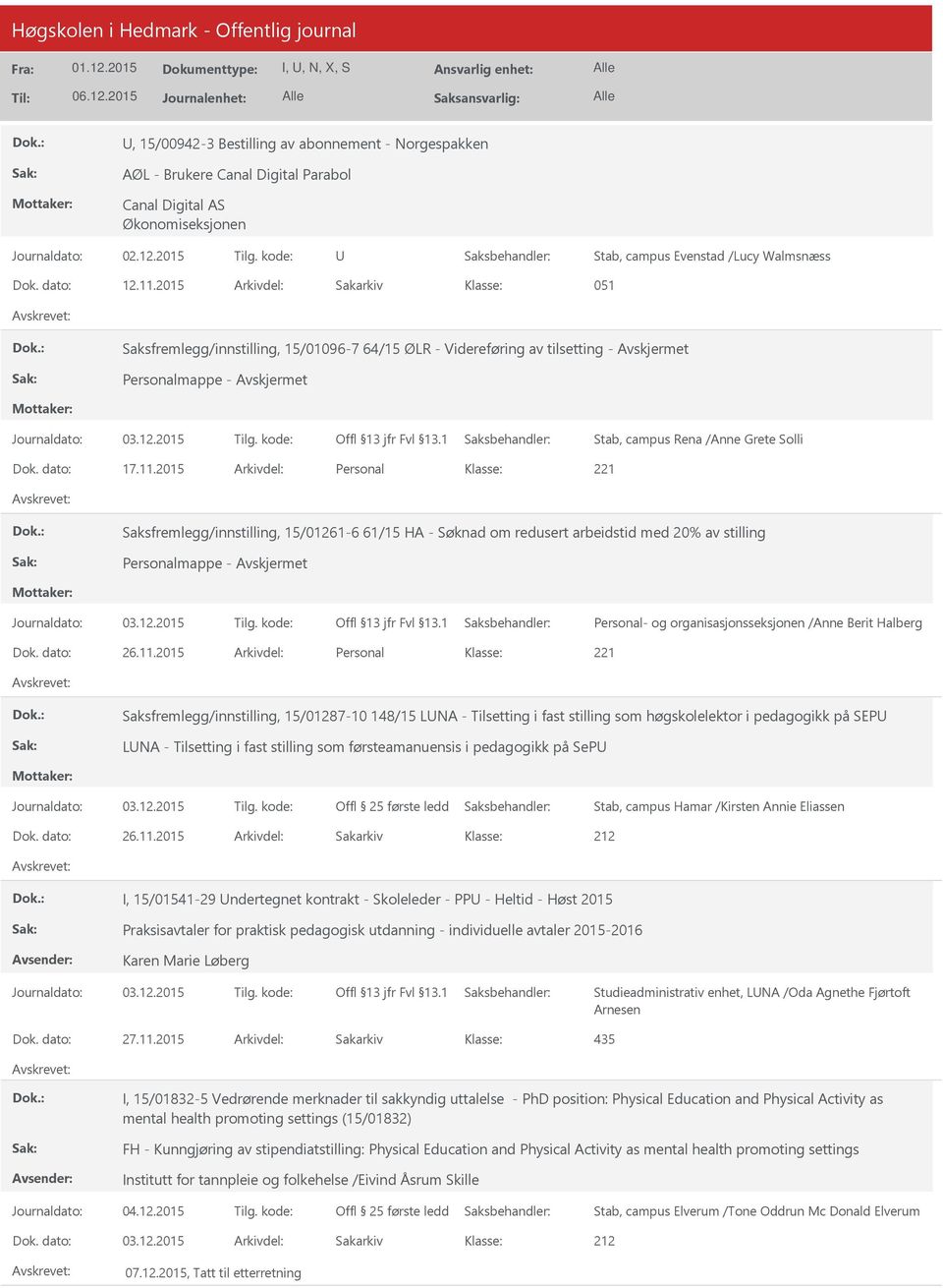 2015 Arkivdel: Personal Saksfremlegg/innstilling, 15/01261-6 61/15 HA - Søknad om redusert arbeidstid med 20% av stilling Personal- og organisasjonsseksjonen /Anne Berit Halberg Dok. dato: 26.11.