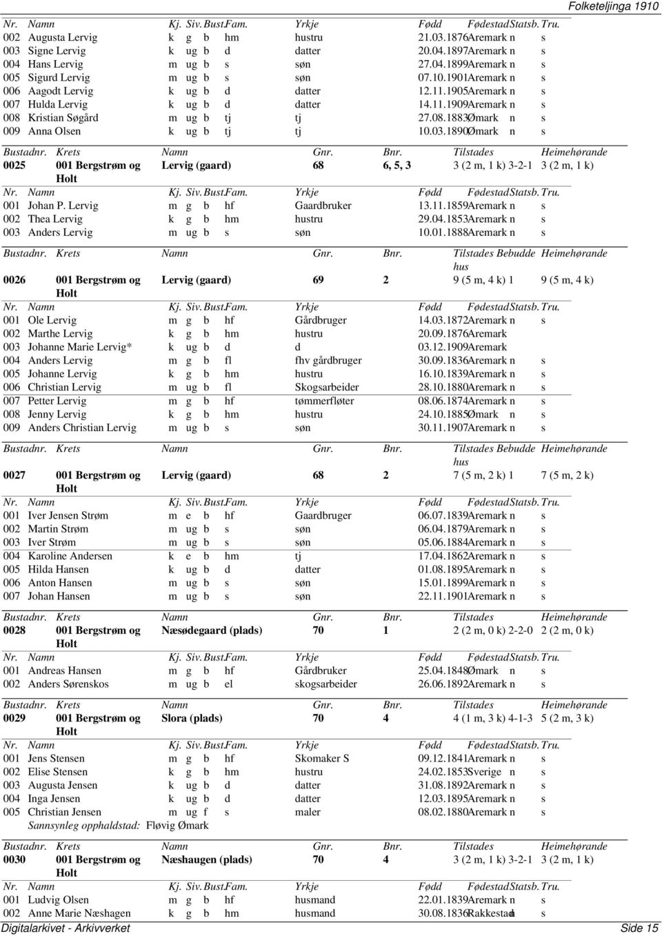 03.1890Ømark n s 0025 001 Bergstrøm og Lervig 68 6, 5, 3 3 (2 m, 1 k) 3-2-1 3 (2 m, 1 k) 001 Johan P. Lervig m g b hf Gaardbruker 13.11.1859Aremark n s 002 Thea Lervig k g b hm tru 29.04.