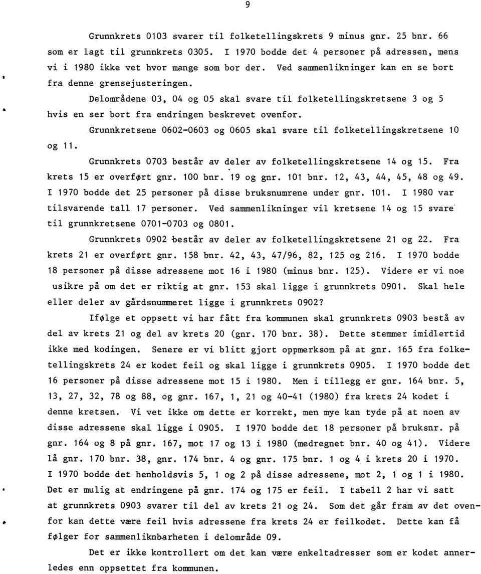 Grunnkretsene 0602-0603 og 0605 skal svare til folketellingskretsene 10 og 11. Grunnkrets 0703 består av deler av folketellingskretsene 14 og 15. Fra krets 15 er overfort gnr. 100 bnr. 19 og gnr.