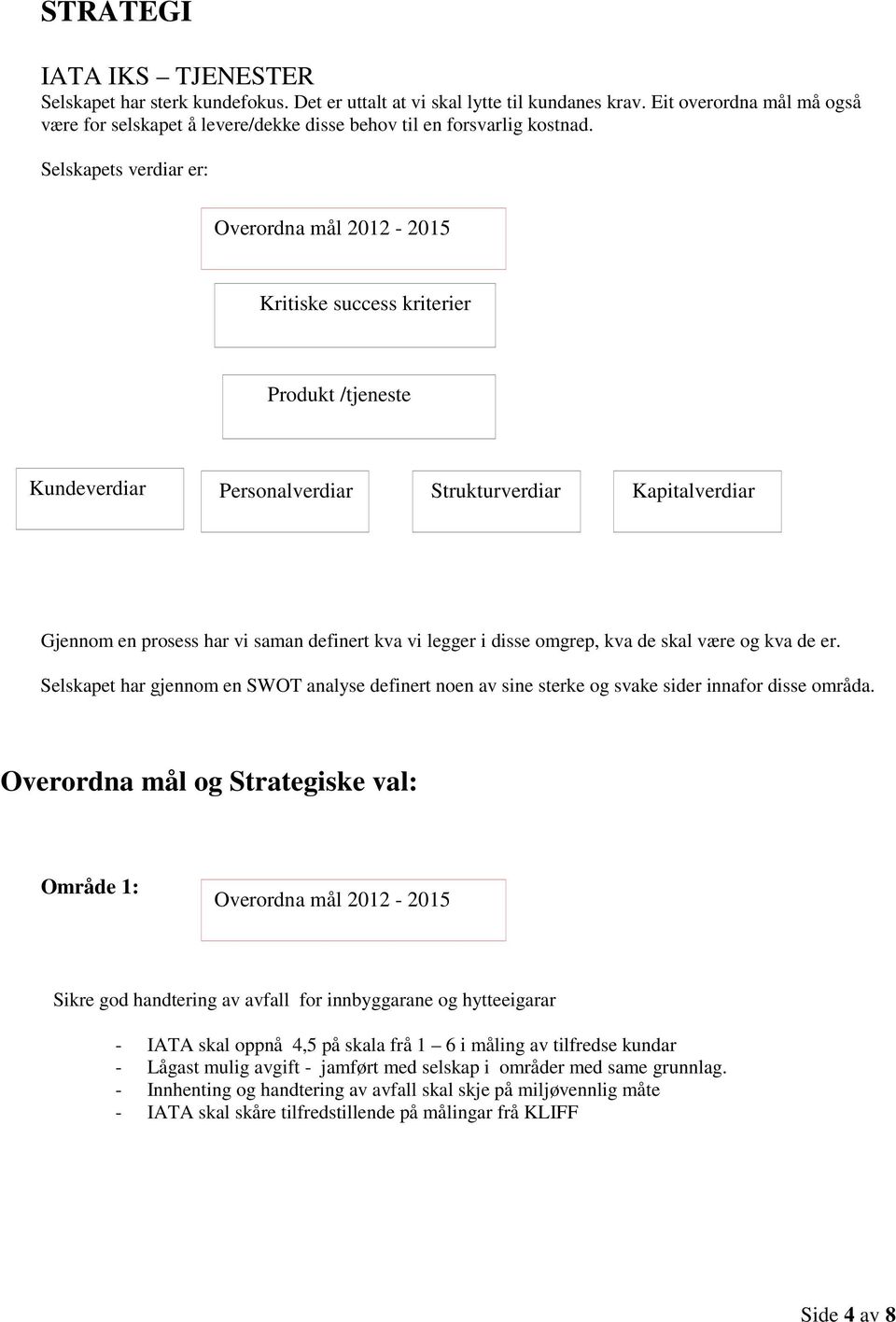 Selskapets verdiar er: Overordna mål 2012-2015 Kritiske success kriterier Produkt /tjeneste Kundeverdiar Personalverdiar Strukturverdiar Kapitalverdiar Gjennom en prosess har vi saman definert kva vi