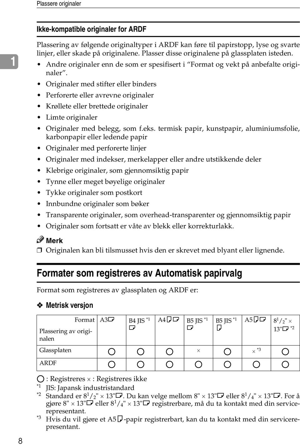 Originaler med stifter eller binders Perforerte eller avrevne originaler Krøllete eller brettede originaler Limte originaler Originaler med belegg, som f.eks.