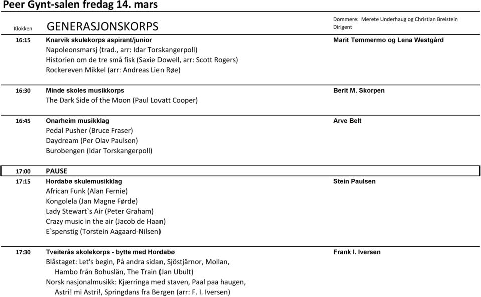 Skorpen The Dark Side of the Moon (Paul Lovatt Cooper) 16:45 Onarheim musikklag Arve Belt Pedal Pusher (Bruce Fraser) Daydream (Per Olav Paulsen) Burobengen (Idar Torskangerpoll) 17:00 PAUSE 17:15