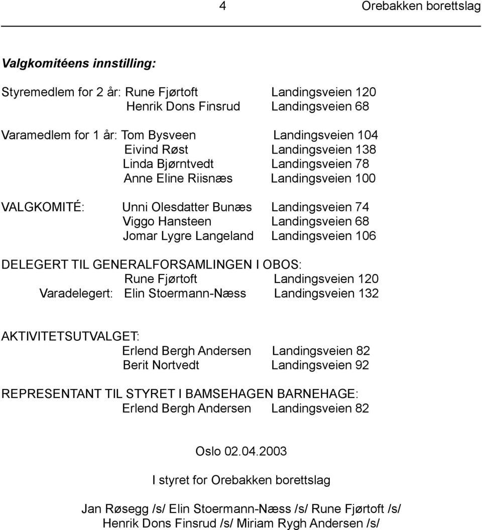 Landingsveien 106 DELEGERT TIL GENERALFORSAMLINGEN I OBOS: Rune Fjørtoft Landingsveien 120 Varadelegert: Elin Stoermann-Næss Landingsveien 132 AKTIVITETSUTVALGET: Erlend Bergh Andersen Landingsveien