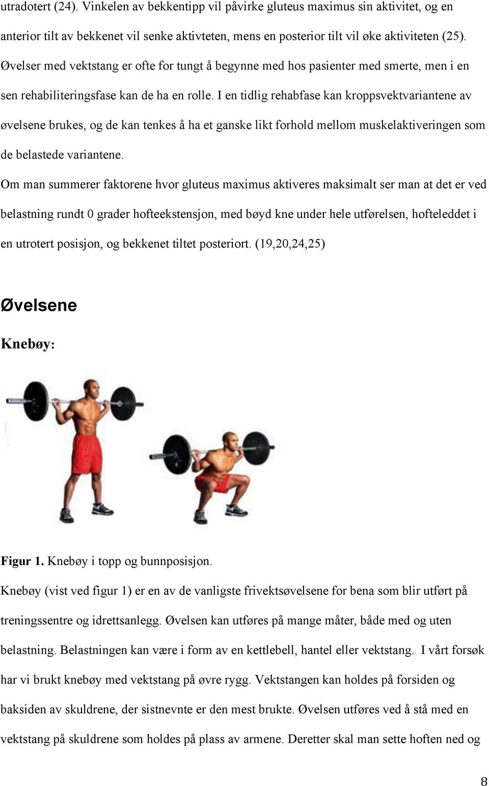 I en tidlig rehabfase kan kroppsvektvariantene av øvelsene brukes, og de kan tenkes å ha et ganske likt forhold mellom muskelaktiveringen som de belastede variantene.