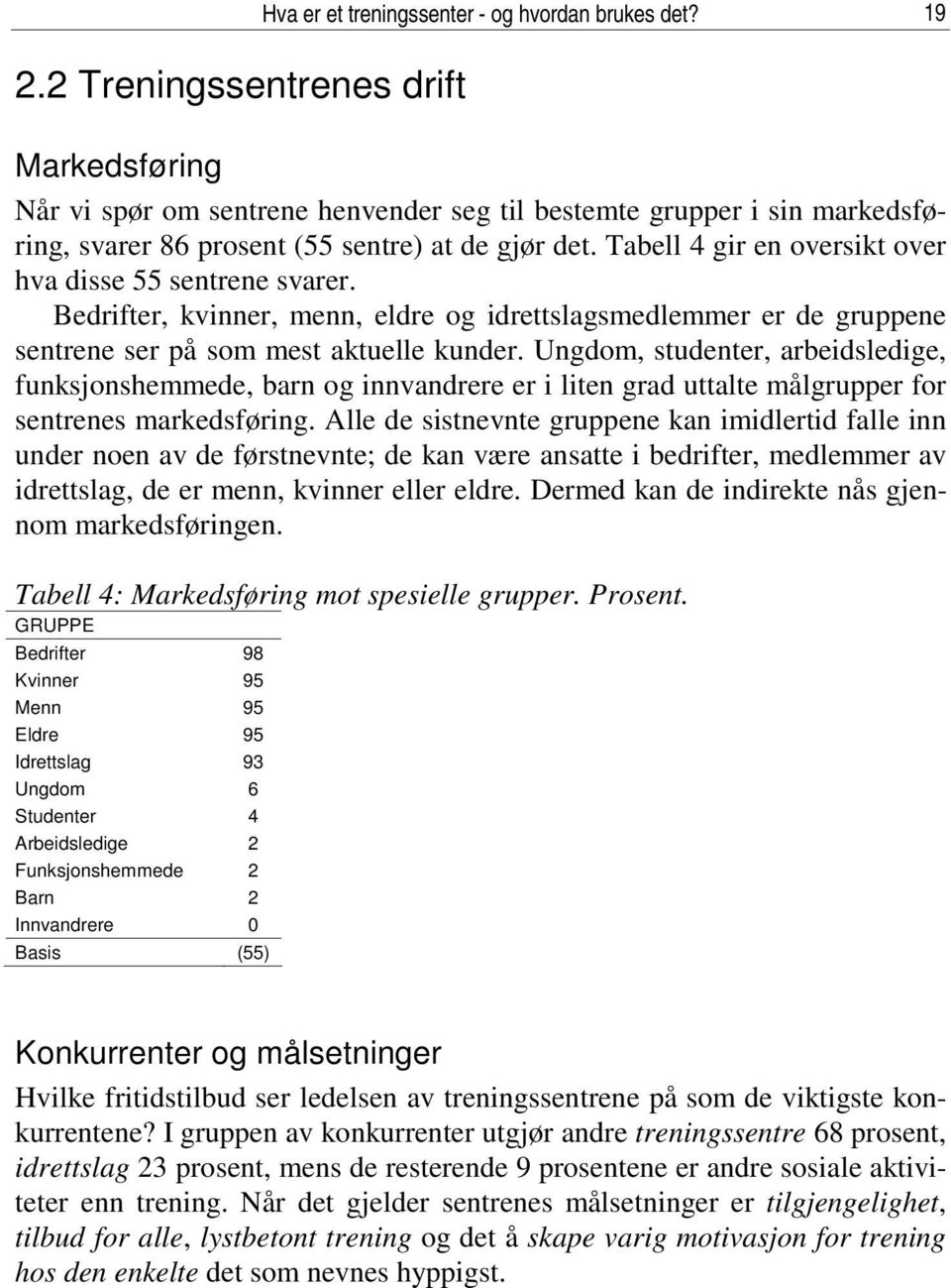 Tabell 4 gir en oversikt over hva disse 55 sentrene svarer. Bedrifter, kvinner, menn, eldre og idrettslagsmedlemmer er de gruppene sentrene ser på som mest aktuelle kunder.