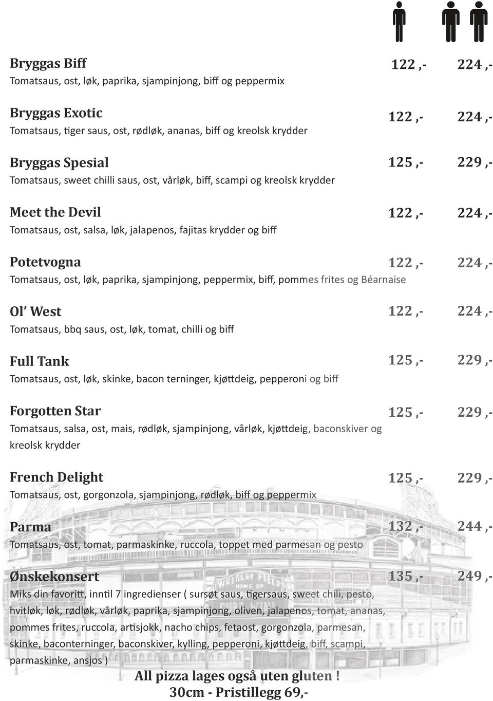 ost, løk, paprika, sjampinjong, peppermix, biff, pommes frites og Béarnaise 122,- 224,- Ol West Tomatsaus, bbq saus, ost, løk, tomat, chilli og biff Full Tank Tomatsaus, ost, løk, skinke, bacon