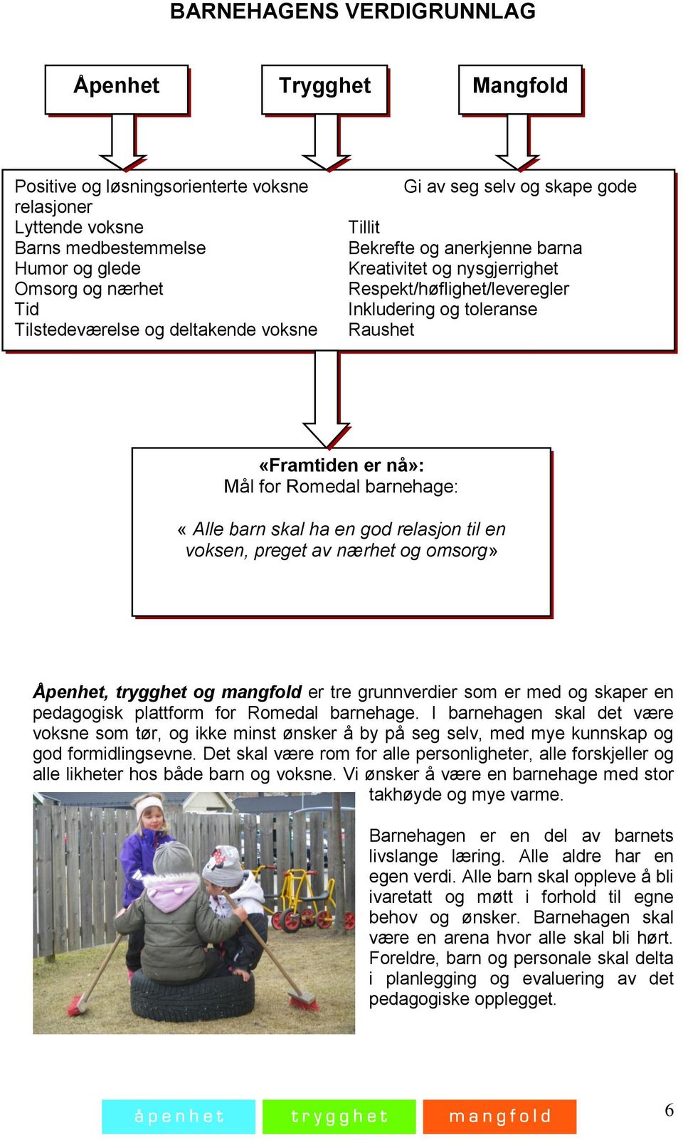 for Romedal barnehage: «Alle barn skal ha en god relasjon til en voksen, preget av nærhet og omsorg» Åpenhet, trygghet og mangfold er tre grunnverdier som er med og skaper en pedagogisk plattform for