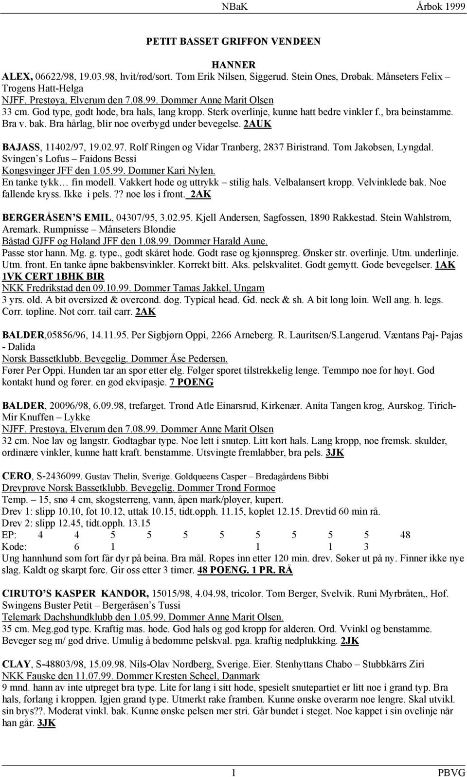 2AUK BAJASS, 11402/97, 19.02.97. Rolf Ringen og Vidar Tranberg, 2837 Biristrand. Tom Jakobsen, Lyngdal. Svingen s Lofus Faidons Bessi Kongsvinger JFF den 1.05.99. Dommer Kari Nylen.