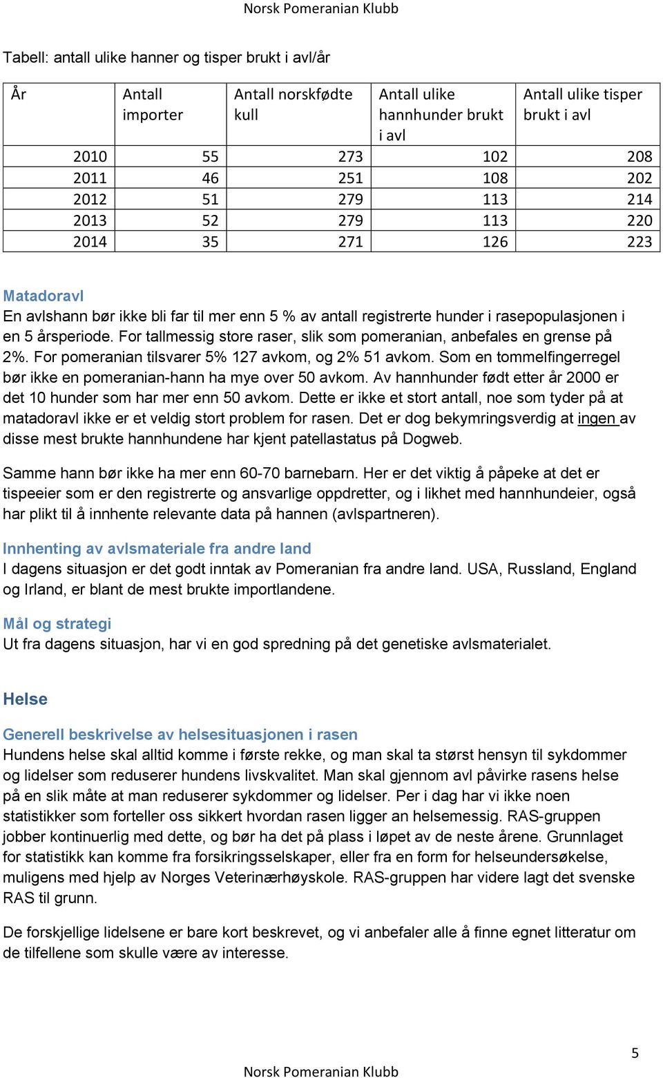 For tallmessig store raser, slik som pomeranian, anbefales en grense på 2%. For pomeranian tilsvarer 5% 127 avkom, og 2% 51 avkom.