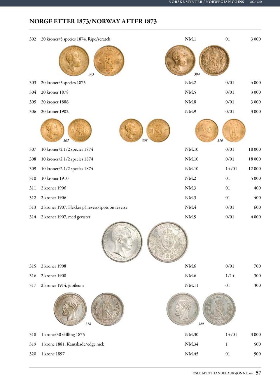 10 0/01 18 000 308 10 kroner/2 1/2 species 1874 nm.10 0/01 18 000 309 10 kroner/2 1/2 species 1874 nm.10 1+/01 12 000 310 10 kroner 1910 nm.2 01 5 000 311 2 kroner 1906 nm.