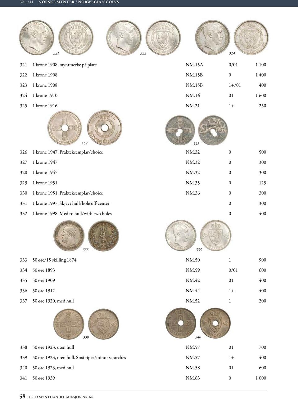 35 0 125 330 1 krone 1951. Prakteksemplar/choice nm.36 0 300 331 1 krone 1997. Skjevt hull/hole off-center 0 300 332 1 krone 1998.
