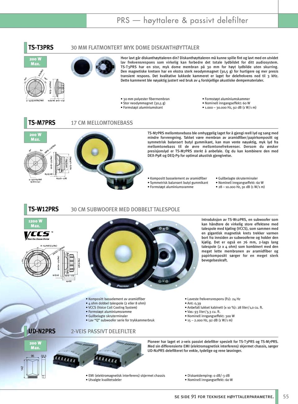 TS-T3PRS har en stor, myk dome membran på 30 mm for høyt lydblde uten skurrng. Den magnetske kretsen har en ekstra sterk neodymmagnet (30,5 g) for hurtgere og mer press transent respons.