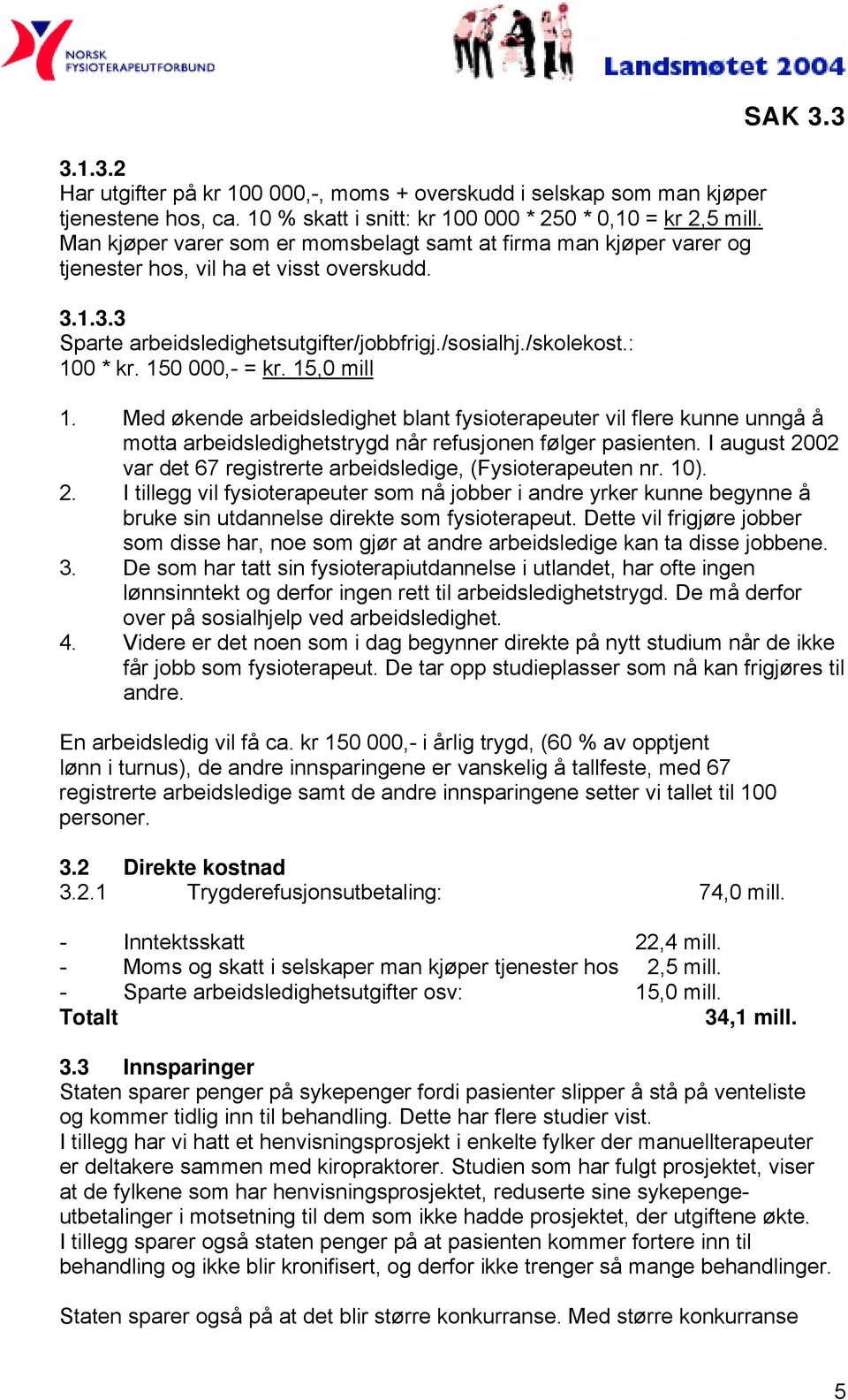 150 000,- = kr. 15,0 mill SAK 3.3 1. Med økende arbeidsledighet blant fysioterapeuter vil flere kunne unngå å motta arbeidsledighetstrygd når refusjonen følger pasienten.