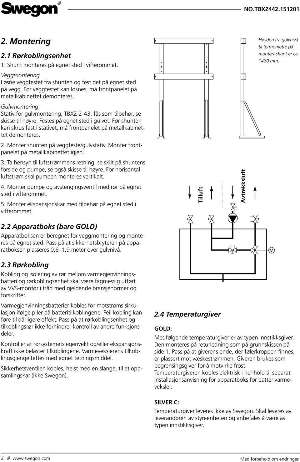 Gulvmontering Stativ for gulvmontering, TBXZ-2-43, fås som tilbehør, se skisse til høyre. Festes på egnet sted i gulvet.