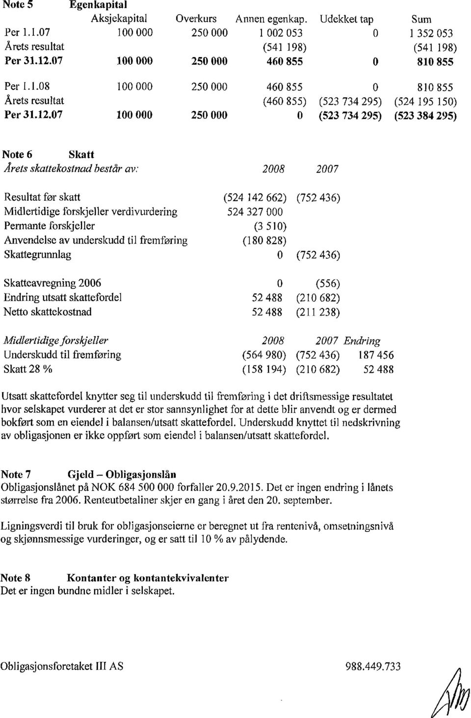 består av: 2008 2007 Resultat før skatt Midlertidige forskjeller verdivurdering Permante forskjeller Anvendelse av underskudd til fremføring Skattegrunnlag Skatteavregning 2006 Endring utsatt