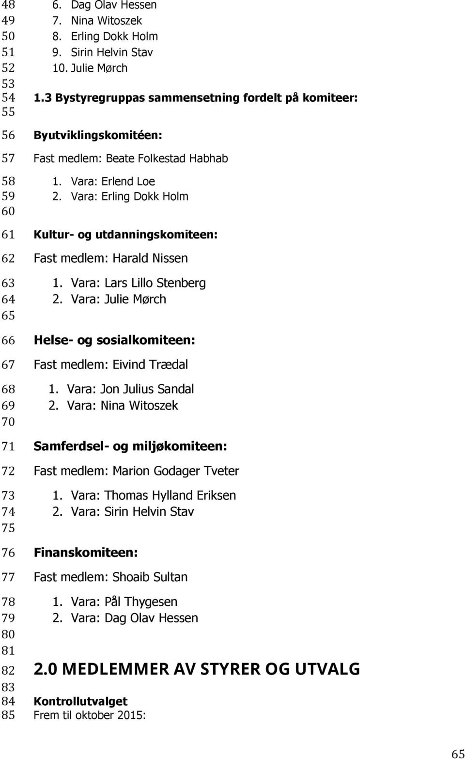 Vara: Erling Dokk Holm Kultur- og utdanningskomiteen: Fast medlem: Harald Nissen 1. Vara: Lars Lillo Stenberg 2. Vara: Julie Mørch Helse- og sosialkomiteen: Fast medlem: Eivind Trædal 1.