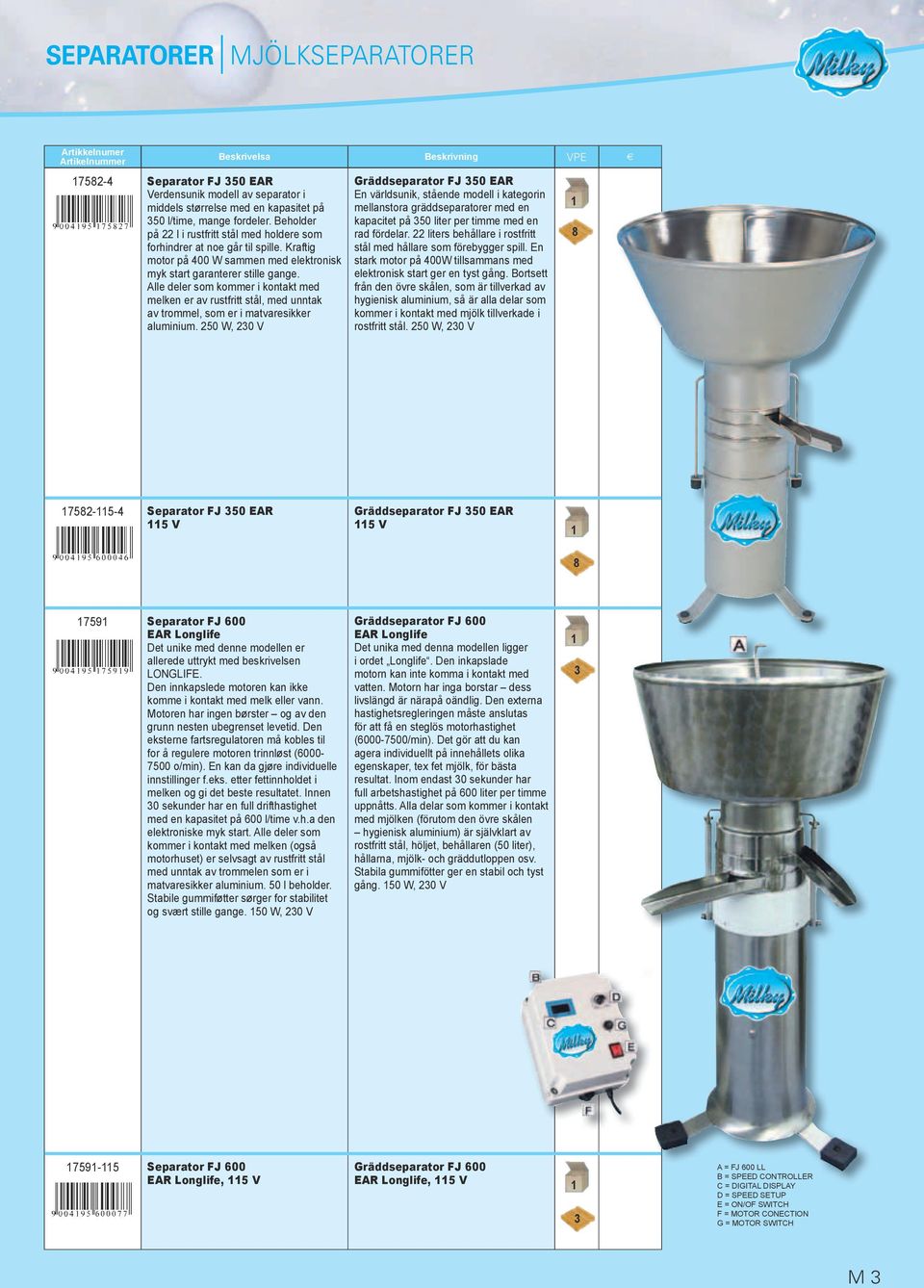 Alle deler som kommer i kontakt med melken er av rustfritt stål, med unntak av trommel, som er i matvaresikker.