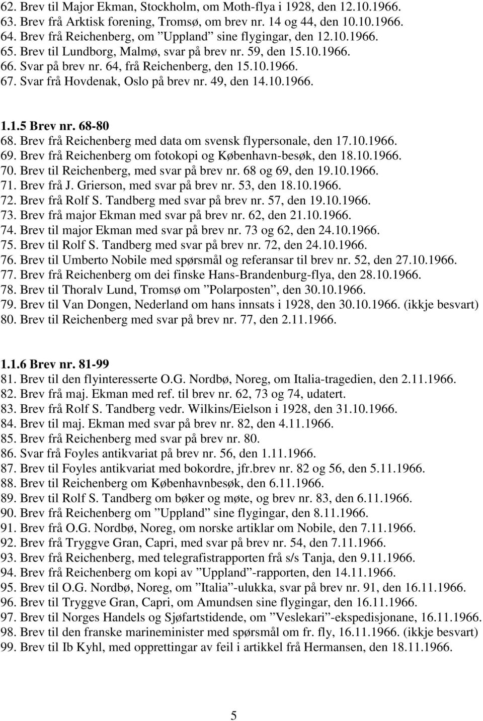 Svar frå Hovdenak, Oslo på brev nr. 49, den 14.10.1966. 1.1.5 Brev nr. 68-80 68. Brev frå Reichenberg med data om svensk flypersonale, den 17.10.1966. 69.