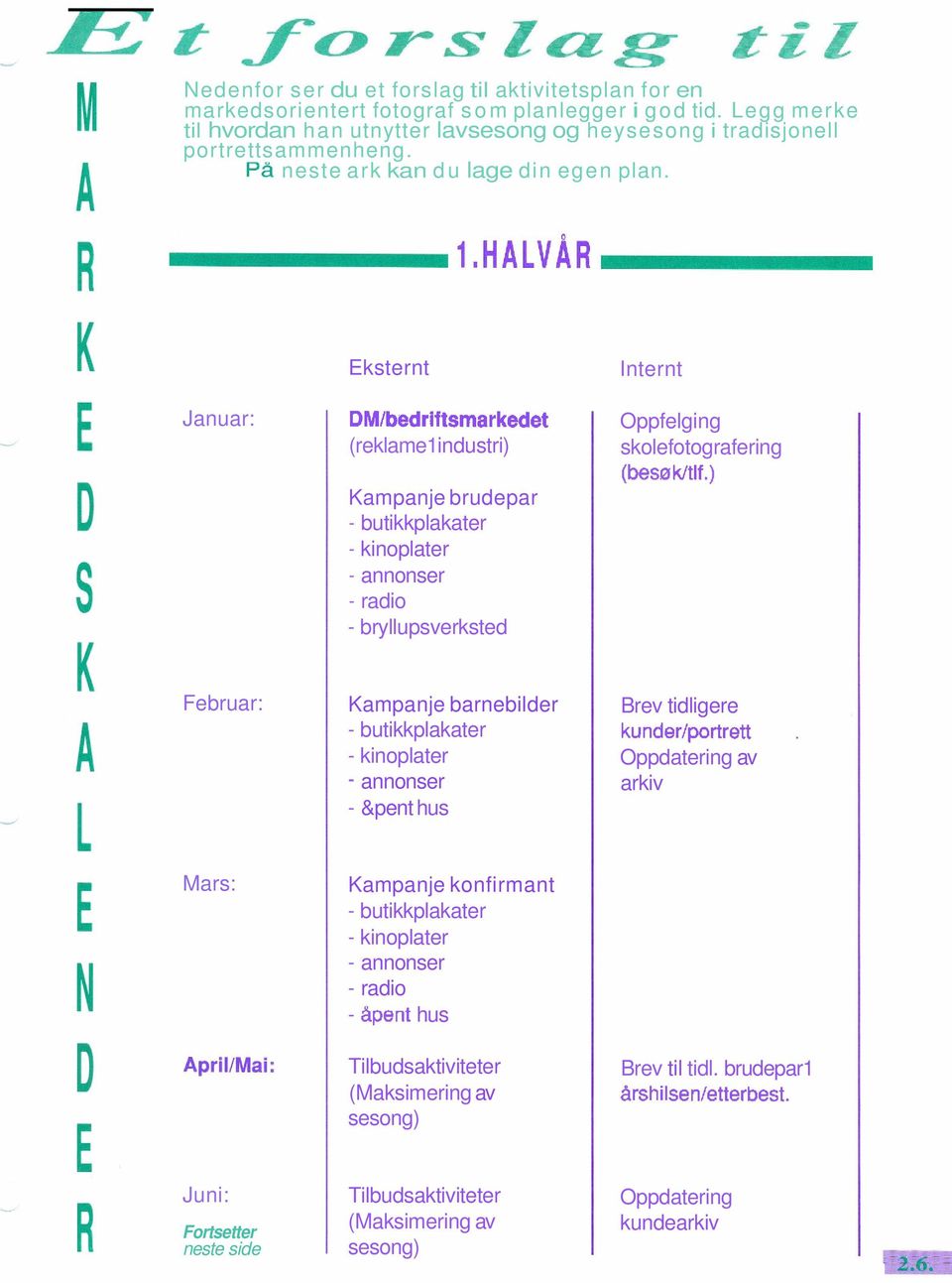 Januar: Eksternt DMIbedriftsmarkedet (reklame1 industri) Kampanje brudepar - butikkplakater - kinoplater - annonser - radio - bryllupsverksted Internt Oppfelging skolefotografering (bes0 kltlf.