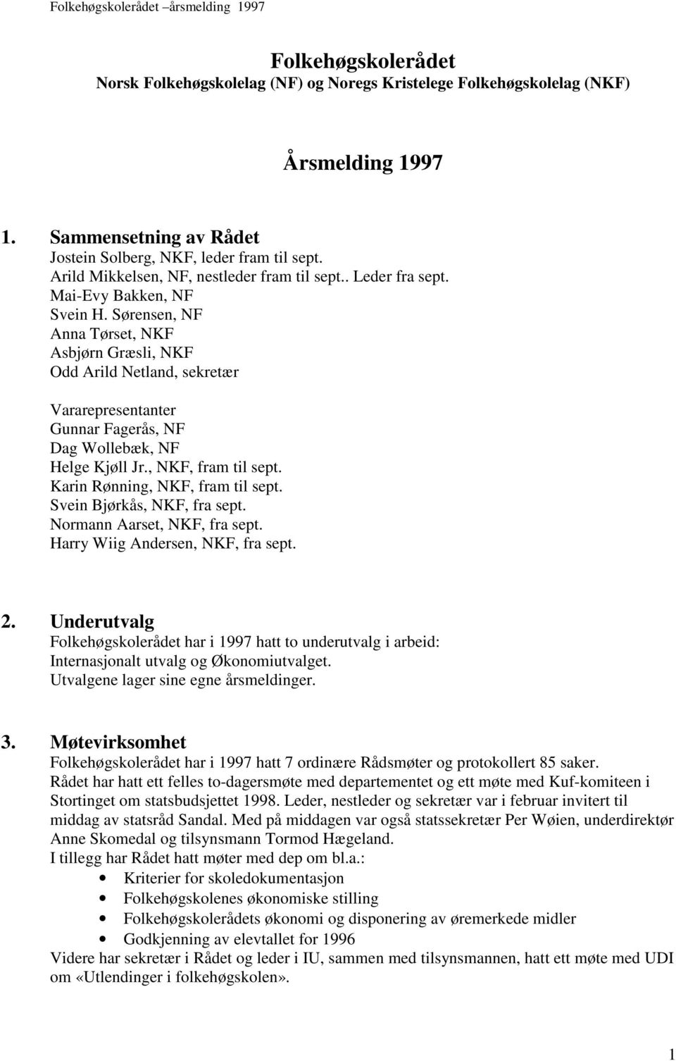 Sørensen, NF Anna Tørset, NKF Asbjørn Græsli, NKF Odd Arild Netland, sekretær Vararepresentanter Gunnar Fagerås, NF Dag Wollebæk, NF Helge Kjøll Jr., NKF, fram til sept.