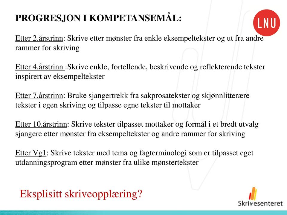 årstrinn: Bruke sjangertrekk fra sakprosatekster og skjønnlitterære tekster i egen skriving og tilpasse egne tekster til mottaker Etter 10.