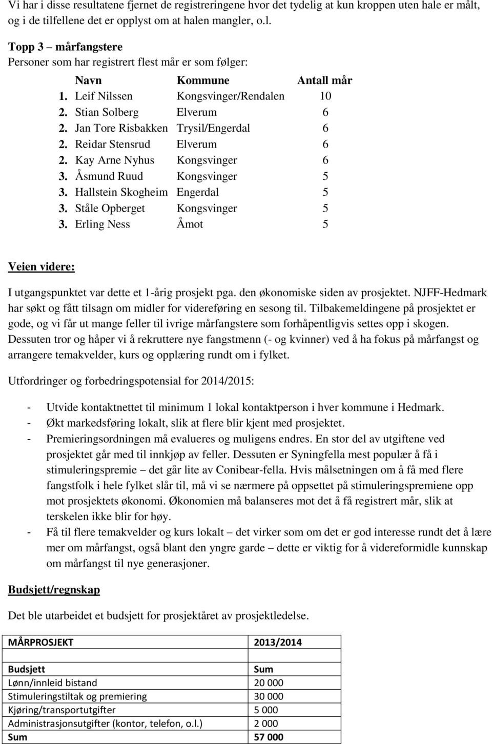 Hallstein Skogheim Engerdal 5 3. Ståle Opberget Kongsvinger 5 3. Erling Ness Åmot 5 Veien videre: I utgangspunktet var dette et 1-årig prosjekt pga. den økonomiske siden av prosjektet.