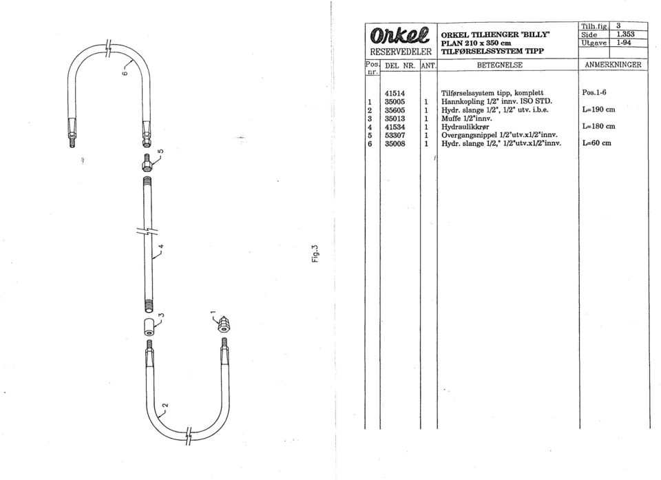 1 6 35008 1 Tilførselssystem tipp, komplett Hannkopling 1/2" innv. SO STD. Hydr. slange 1/2", 1/2" utv_ i.b.e. Muffe 1/2"innv.