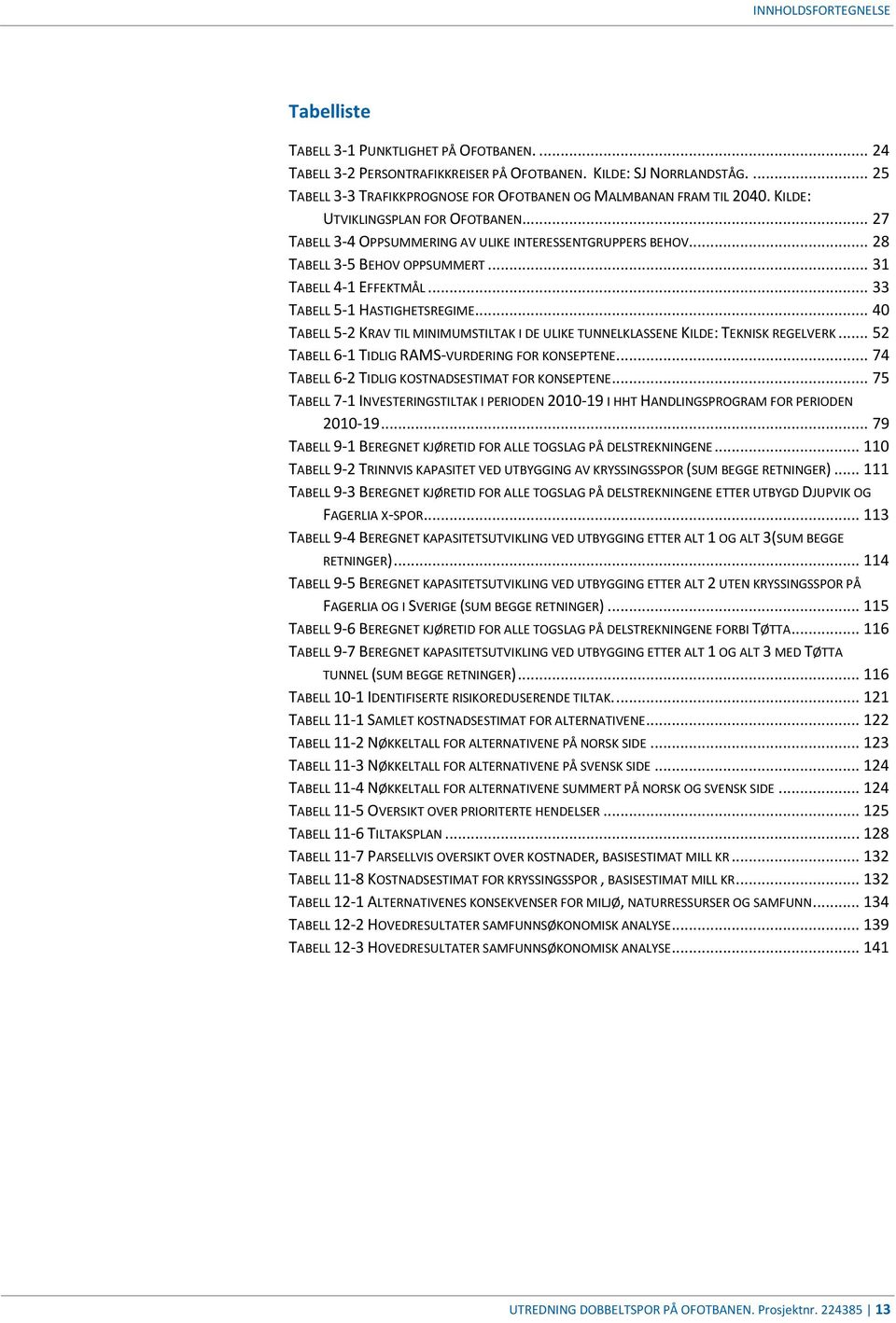 ... 28 TABELL 3-5 BEHOV OPPSUMMERT... 31 TABELL 4-1 EFFEKTMÅL... 33 TABELL 5-1 HASTIGHETSREGIME... 40 TABELL 5-2 KRAV TIL MINIMUMSTILTAK I DE ULIKE TUNNELKLASSENE KILDE: TEKNISK REGELVERK.