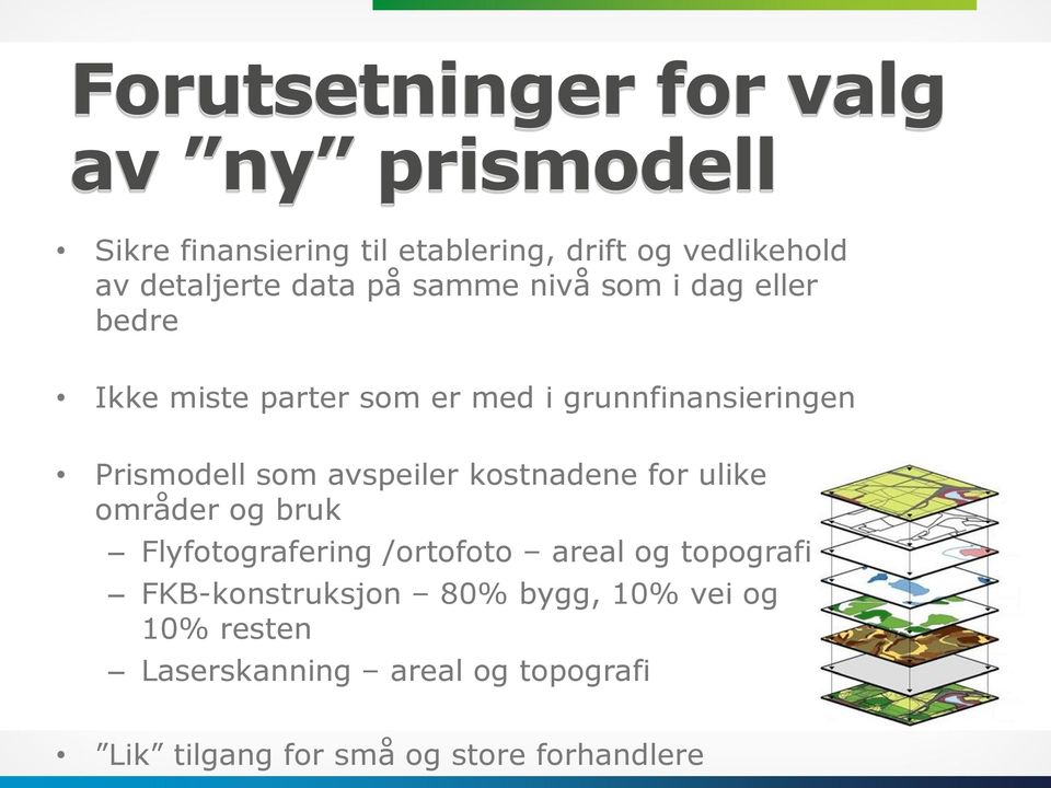 Prismodell som avspeiler kostnadene for ulike områder og bruk Flyfotografering /ortofoto areal og topografi