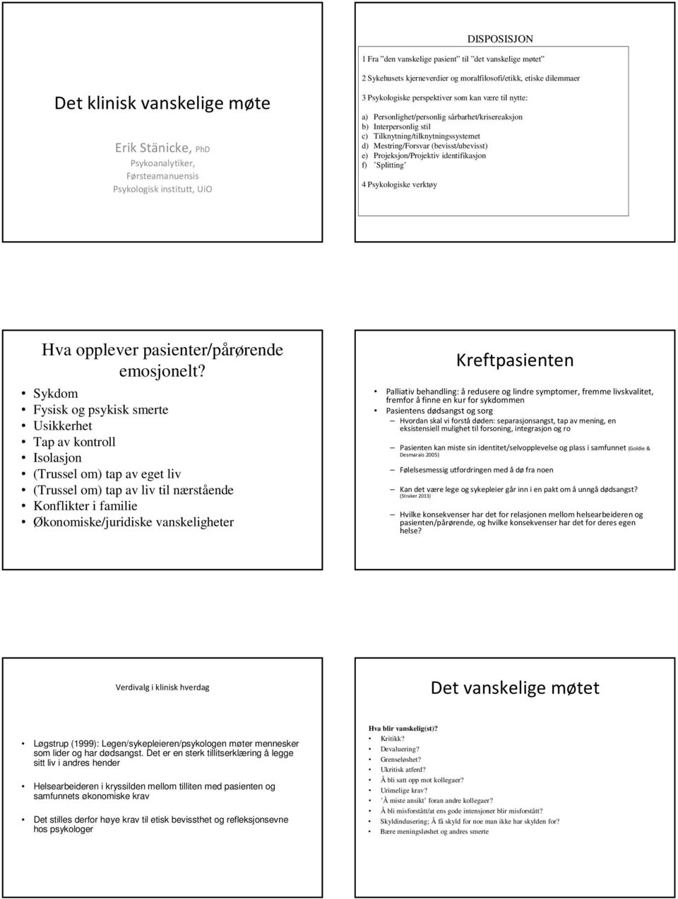 Tilknytning/tilknytningssystemet d) Mestring/Forsvar (bevisst/ubevisst) e) Projeksjon/Projektiv identifikasjon f) Splitting 4 Psykologiske verktøy Hva opplever pasienter/pårørende emosjonelt?