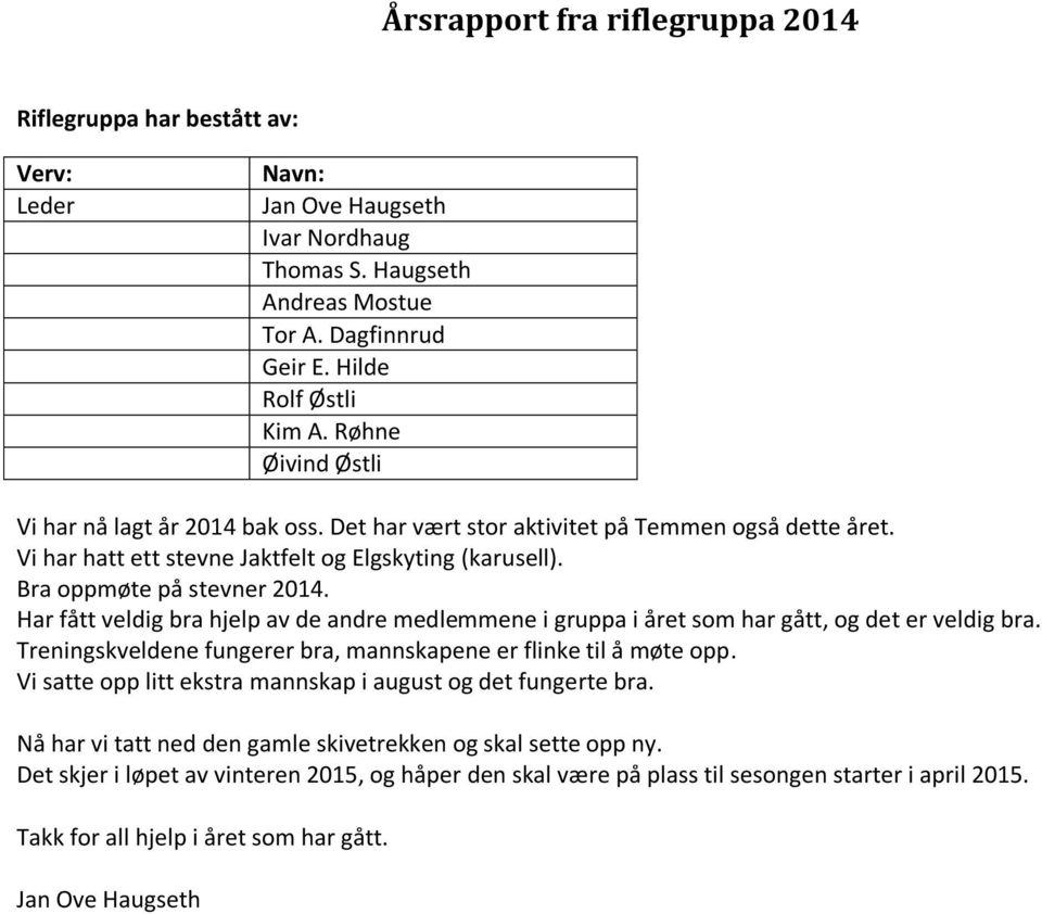 Har fått veldig bra hjelp av de andre medlemmene i gruppa i året som har gått, og det er veldig bra. Treningskveldene fungerer bra, mannskapene er flinke til å møte opp.