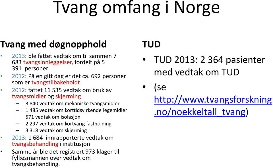 legemidler 571 vedtak om isolasjon 2 297 vedtak om kortvarig fastholding 3 318 vedtak om skjerming 2013: 1684 innrapporterte vedtak om tvangsbehandlingi institusjon Samme