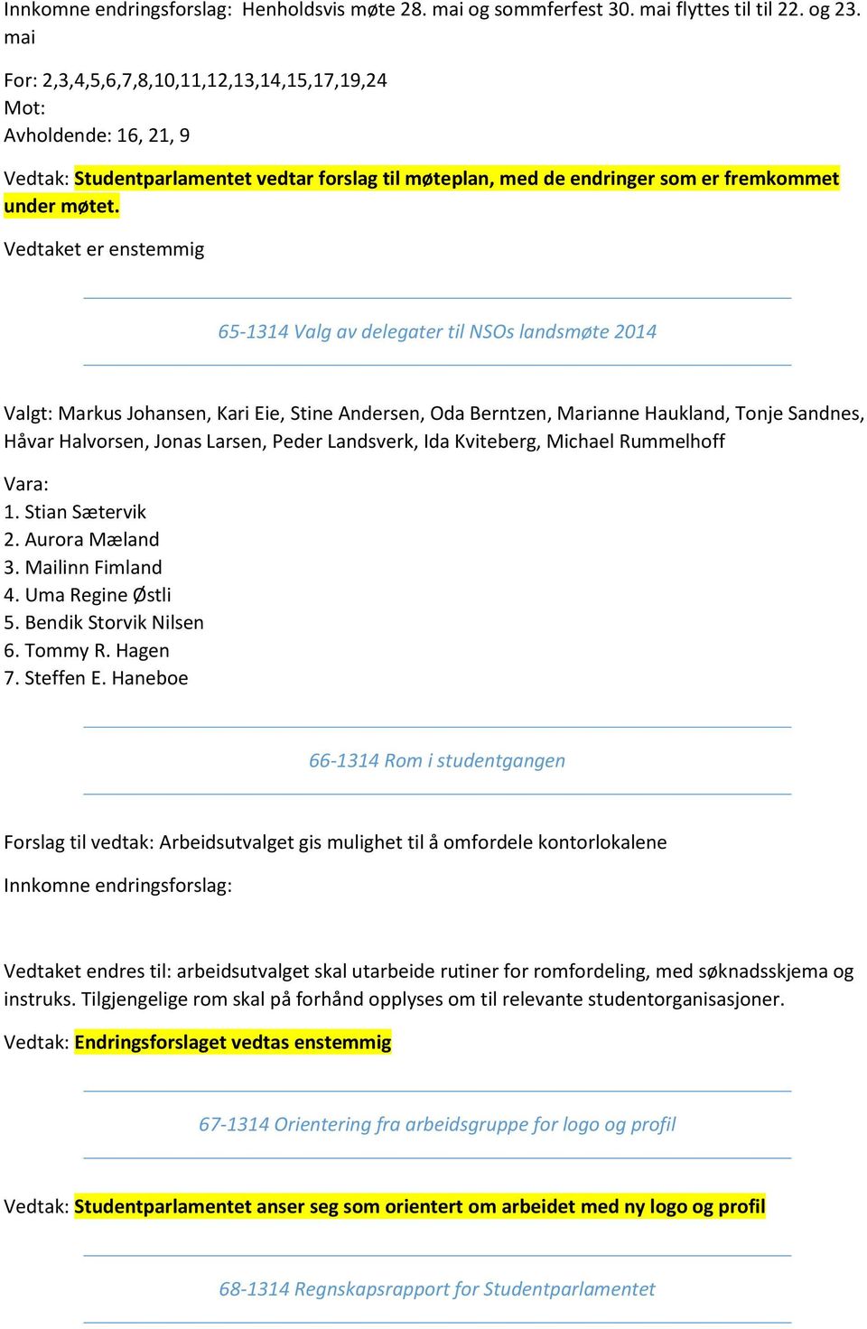 Vedtaket er enstemmig 65-1314 Valg av delegater til NSOs landsmøte 2014 Valgt: Markus Johansen, Kari Eie, Stine Andersen, Oda Berntzen, Marianne Haukland, Tonje Sandnes, Håvar Halvorsen, Jonas