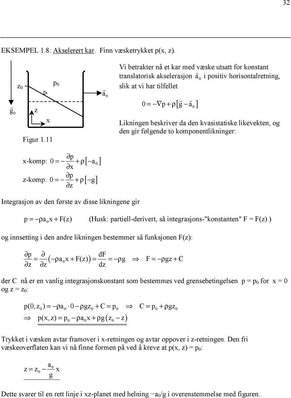 Likningen beskriver da den kvasistatiske likevekten, og den gir følgende to komponentlikninger: Integrasjon av den første av disse likningene gir p = ρ ax + F() (Husk: partiell-derivert, så