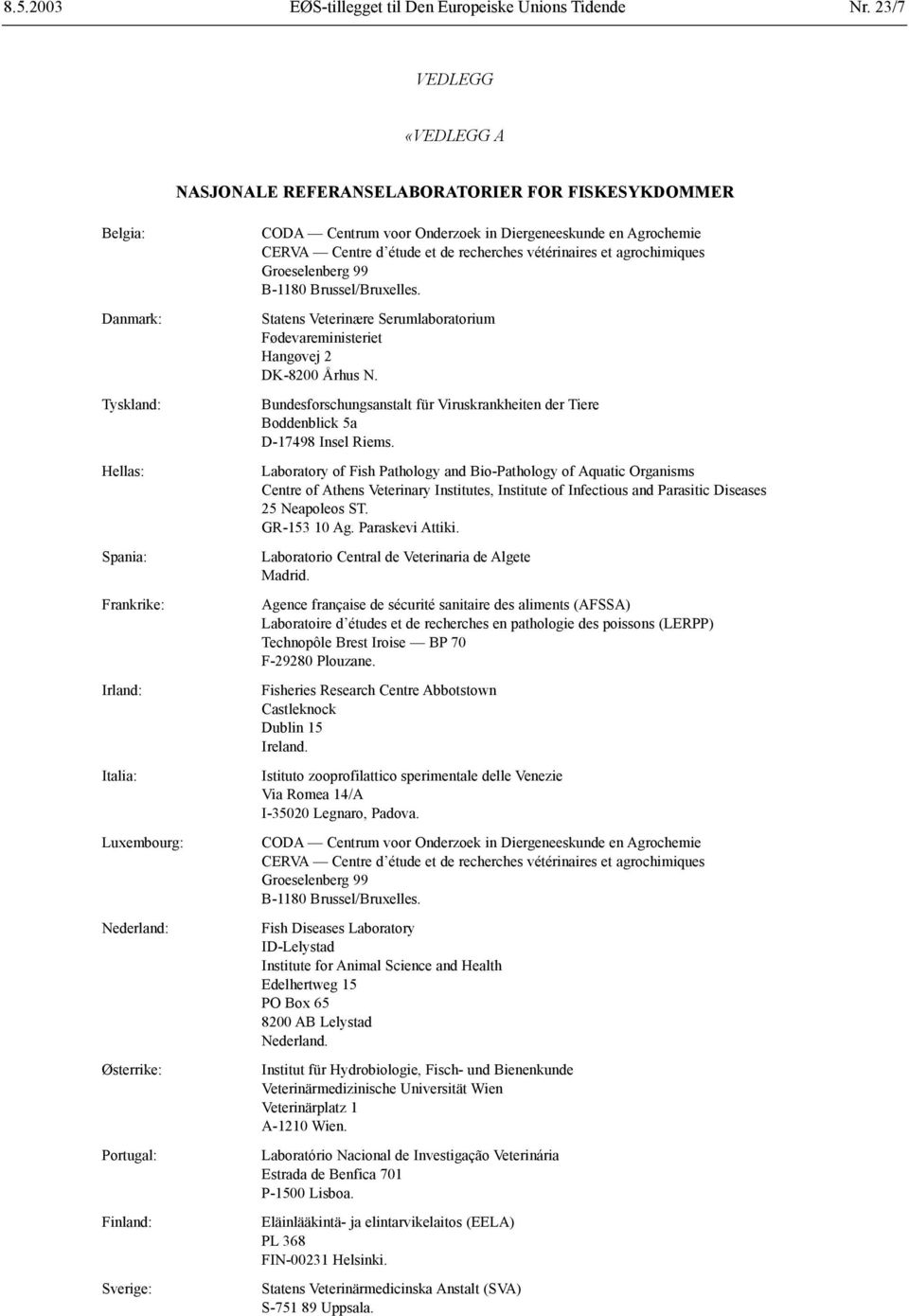 Sverige: CODA Centrum voor Onderzoek in Diergeneeskunde en Agrochemie CERVA Centre d étude et de recherches vétérinaires et agrochimiques Groeselenberg 99 B-1180 Brussel/Bruxelles.