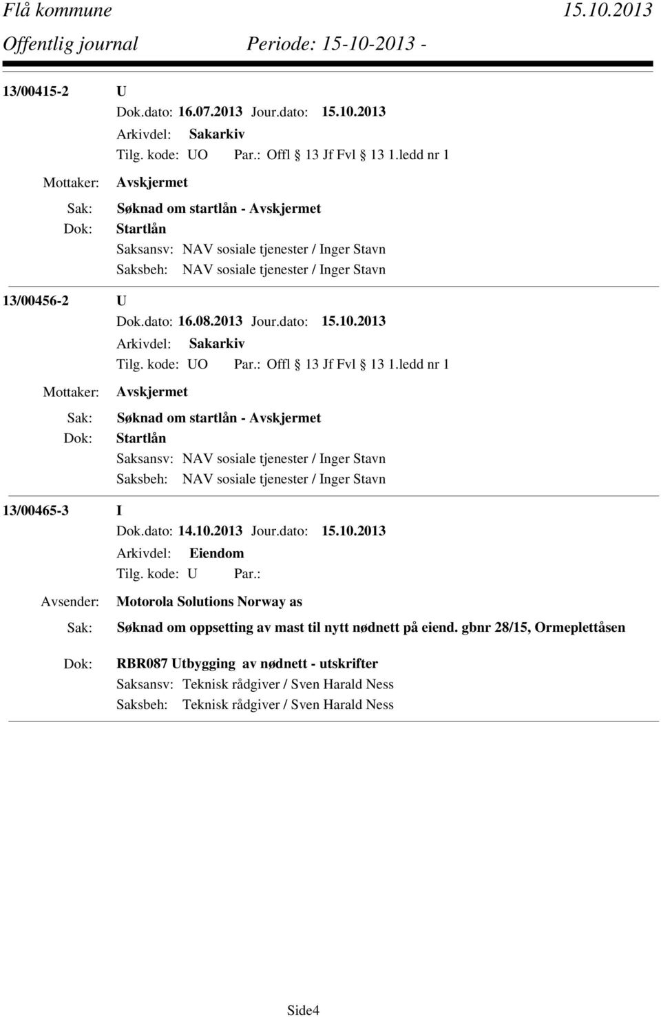 dato: 15.10.2013 Søknad om startlån - Startlån Saksansv: NAV sosiale tjenester / Inger Stavn Saksbeh: NAV sosiale tjenester / Inger Stavn 13/00465-3 I Dok.dato: 14.10.2013 Jour.