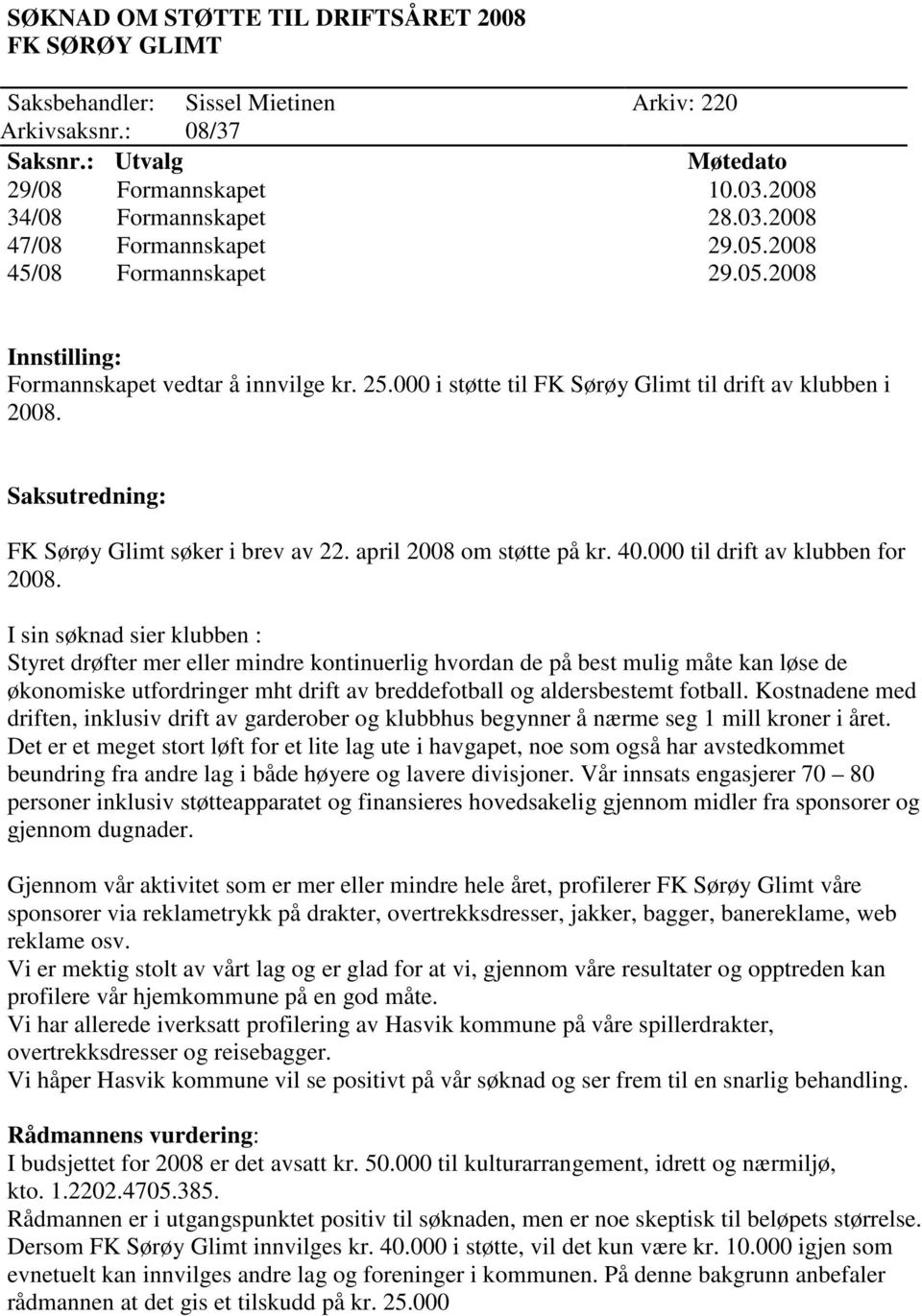 Saksutredning: FK Sørøy Glimt søker i brev av 22. april 2008 om støtte på kr. 40.000 til drift av klubben for 2008.