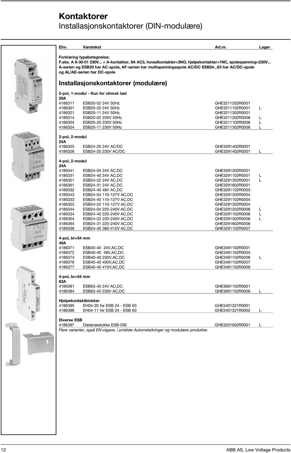 ..63 har AC/DC-spole og AL/AE-serien har DC-spole Installasjonskontaktorer (modulære) 2-pol, 1-modul - Kun for ohmsk last 20A 4186311 ESB20-02 24V 50Hz GHE3211202R0001 460,00 4186301 ESB20-20 24V