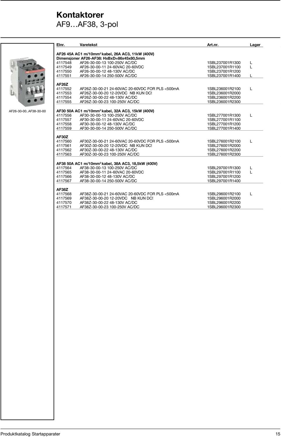 Lager Pris AF26 45A AC1 m/10mm 2 kabel, 26A AC3, 11kW (400V) Dimensjoner AF26-AF38: HxBxD=86x45x80,5mm 4117548 AF26-30-00-13 100-250V AC/DC 1SBL237001R1300 L 985,00 4117549 AF26-30-00-11 24-60VAC