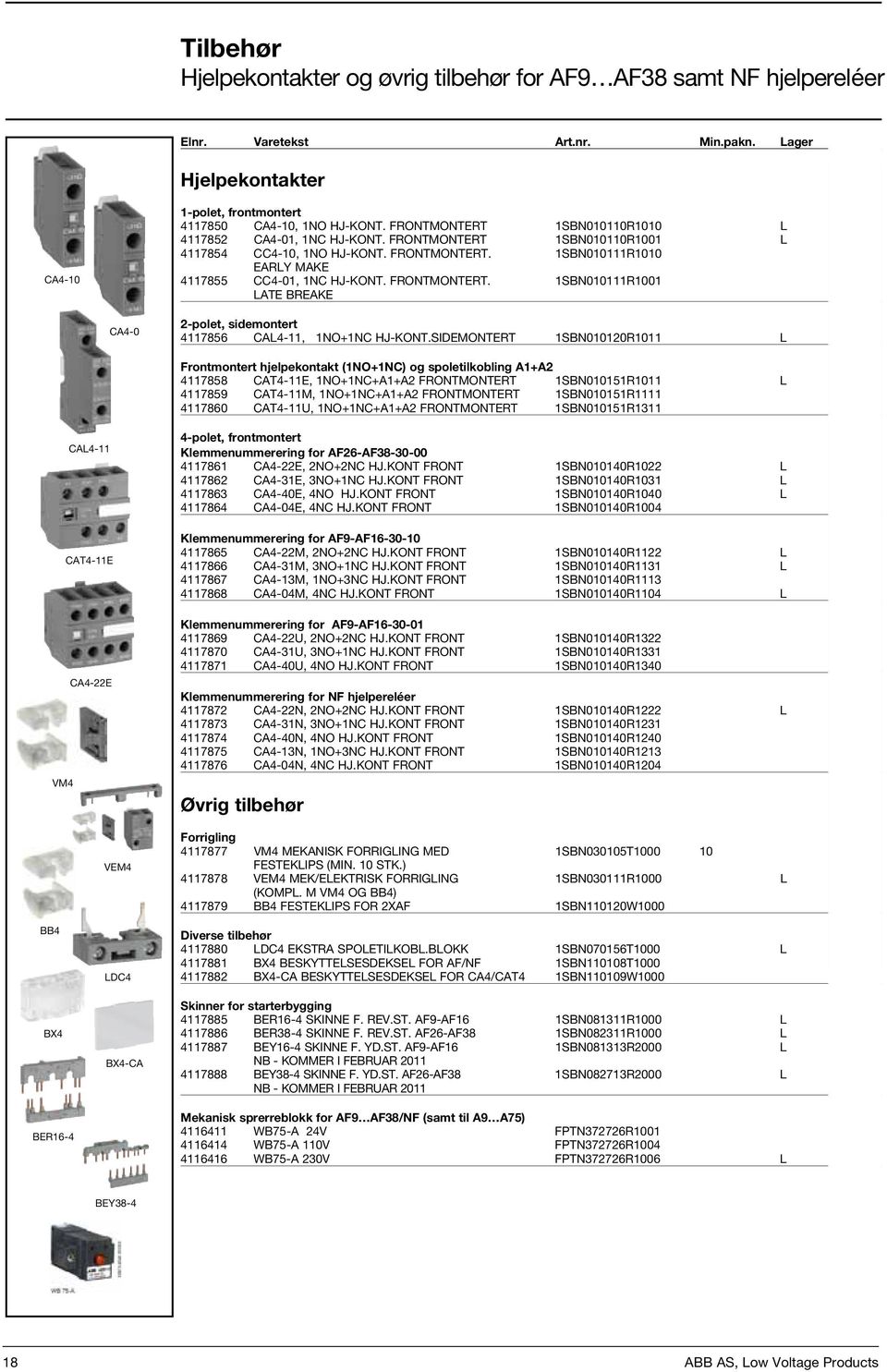 Frontmontert. 1SBN010111R1001 Late breake 268,00 CA4-0 2-polet, sidemontert 4117856 CAL4-11, 1NO+1NC Hj-kont.