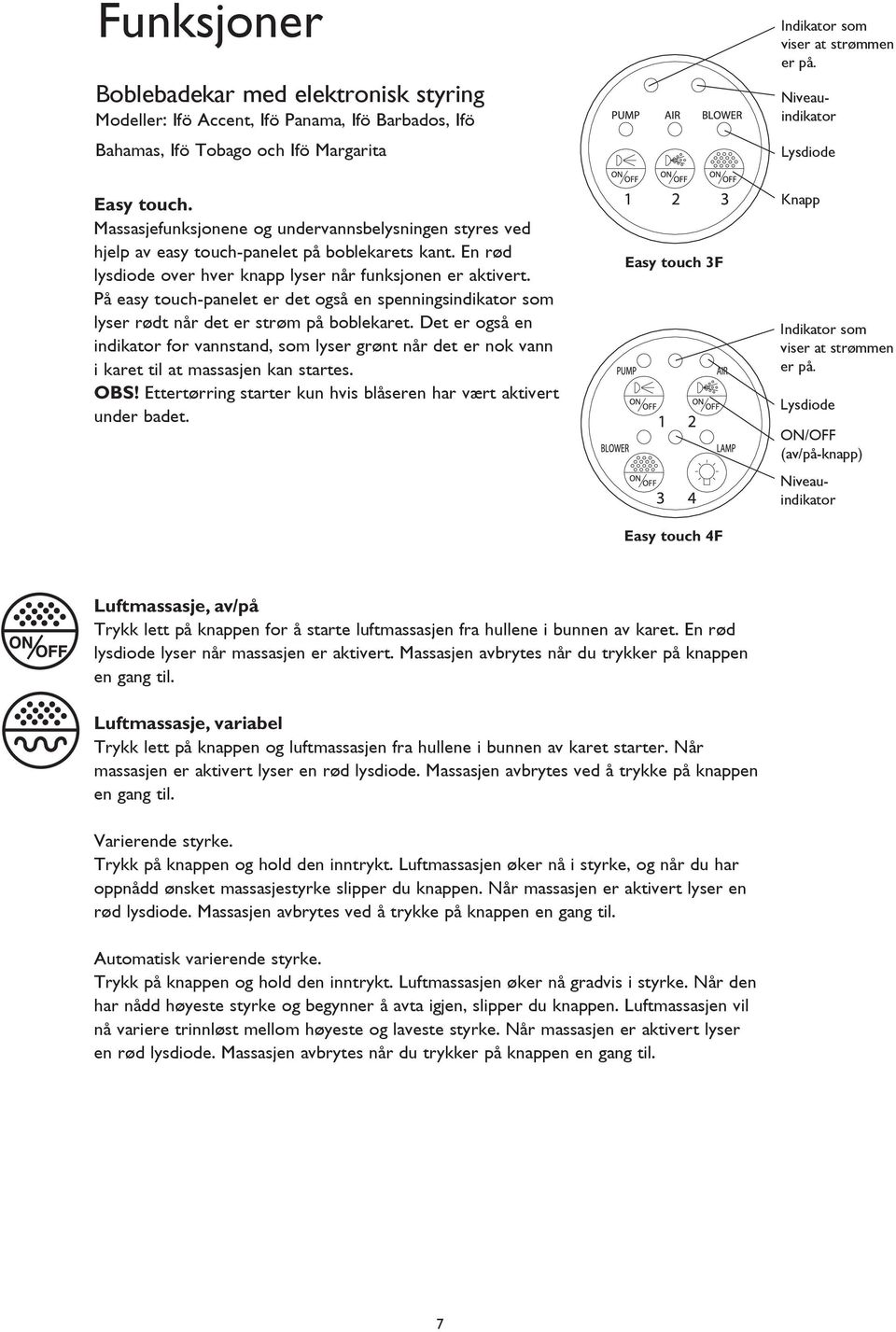 En rød lysdiode over hver knapp lyser når funksjonen er aktivert. På easy touch-panelet er det også en spenningsindikator som lyser rødt når det er strøm på boblekaret.