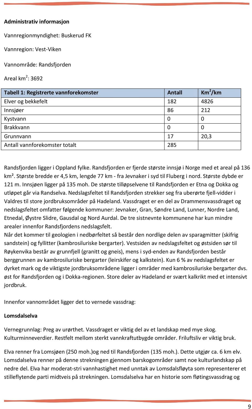 andsfjorden er fjerde største innsjø i Norge med et areal på 136 km². Største bredde er 4,5 km, lengde 77 km - fra Jevnaker i syd til Fluberg i nord. Største dybde er 121 m.